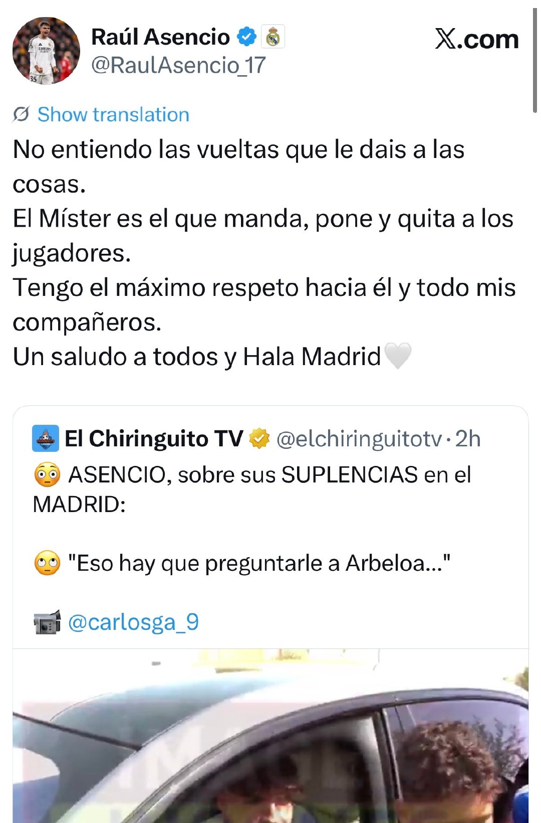 劳尔·阿森西奥就此前一段视频“你去问阿韦洛亚吧”发表声明：“我不明白你们为什么对