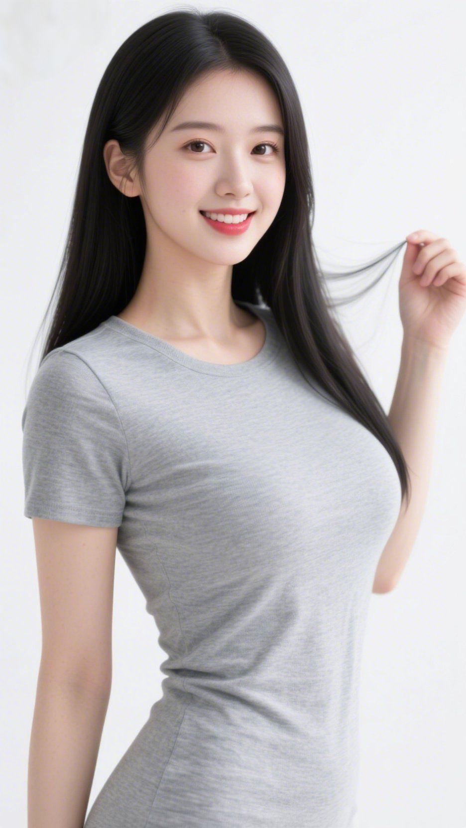 《素衫里的轻柔意》
 
净白的背景里，光像漫开的云絮，轻轻覆在她的发梢。浅灰衣衫