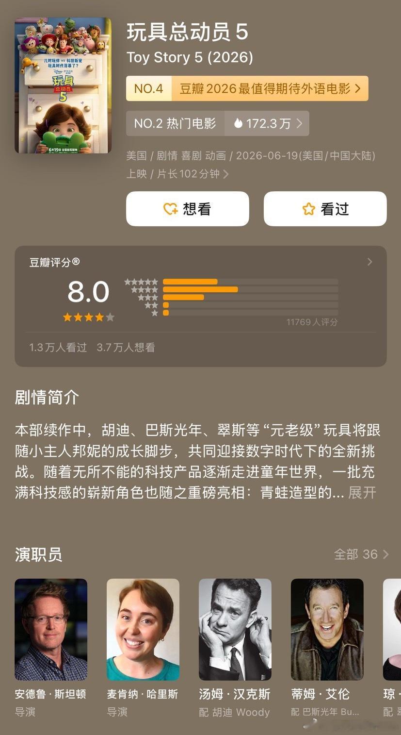 《玩具总动员5》豆瓣开分8.0，评分不低但依旧是系列最低《玩具总动员》 8.6《