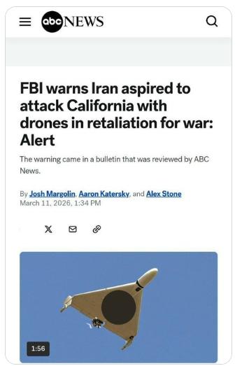 【白宫回应有关伊朗对加利福尼亚州构成潜在威胁的报道】白宫新闻秘书批评美国广播公司