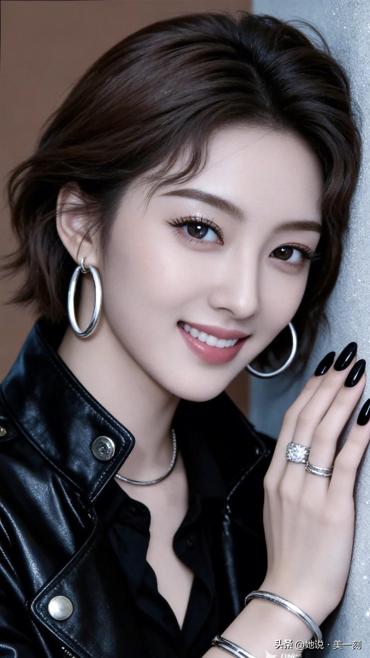 优雅黑皮衣搭配闪亮珠宝，尽显都市女性魅力！💎👗