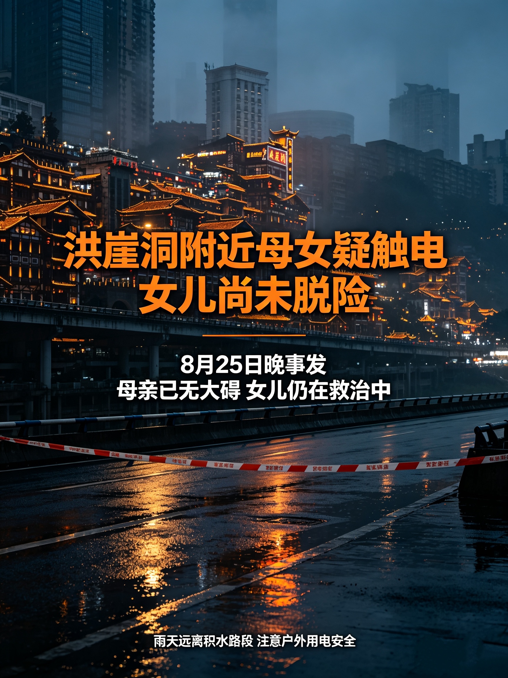 洪崖洞附近母女疑触电女儿尚未脱险8月25日晚，重庆洪崖洞附近，一对来渝旅游的母女