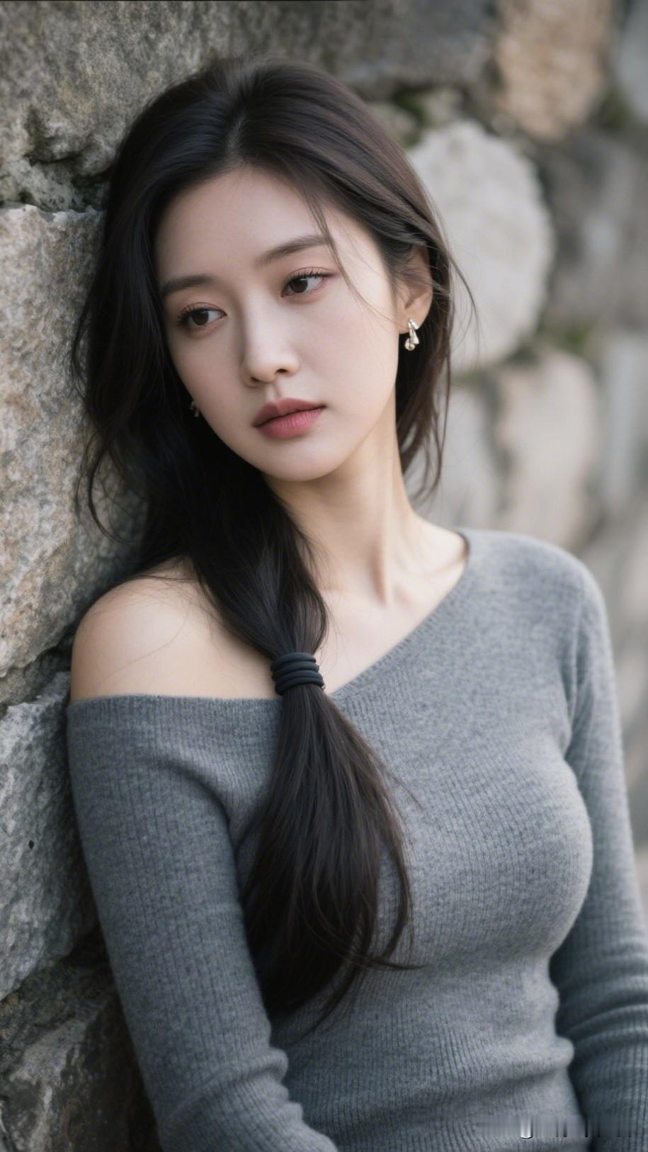 倚石倚石倚，美人美人美。什么样的女人最令人着迷 沉静的少女，倚靠石墙，黑发飘逸，