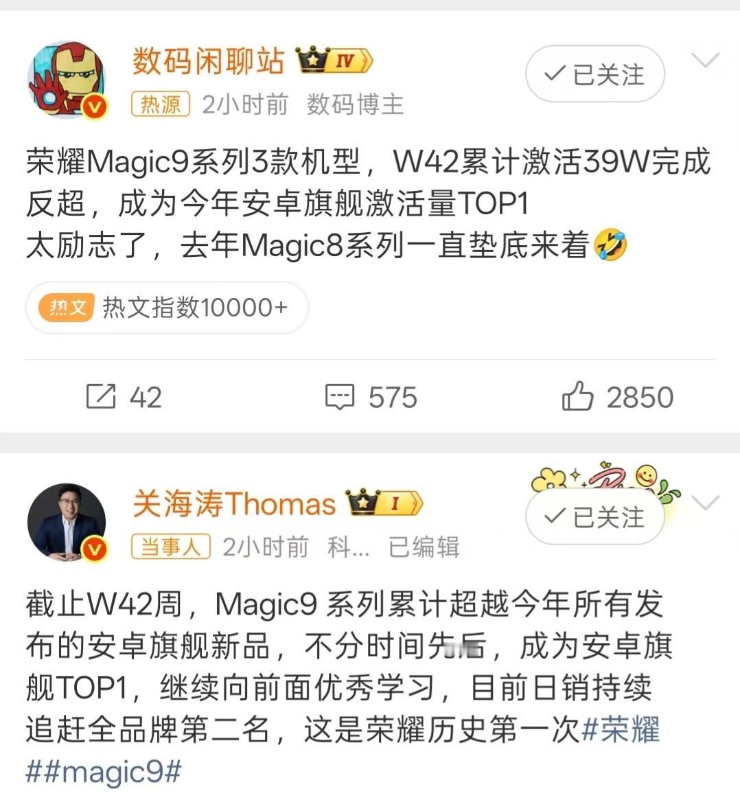 荣耀Magic9系列市场表现逆袭！据W42周数据，其累计激活量达39万，反超竞品