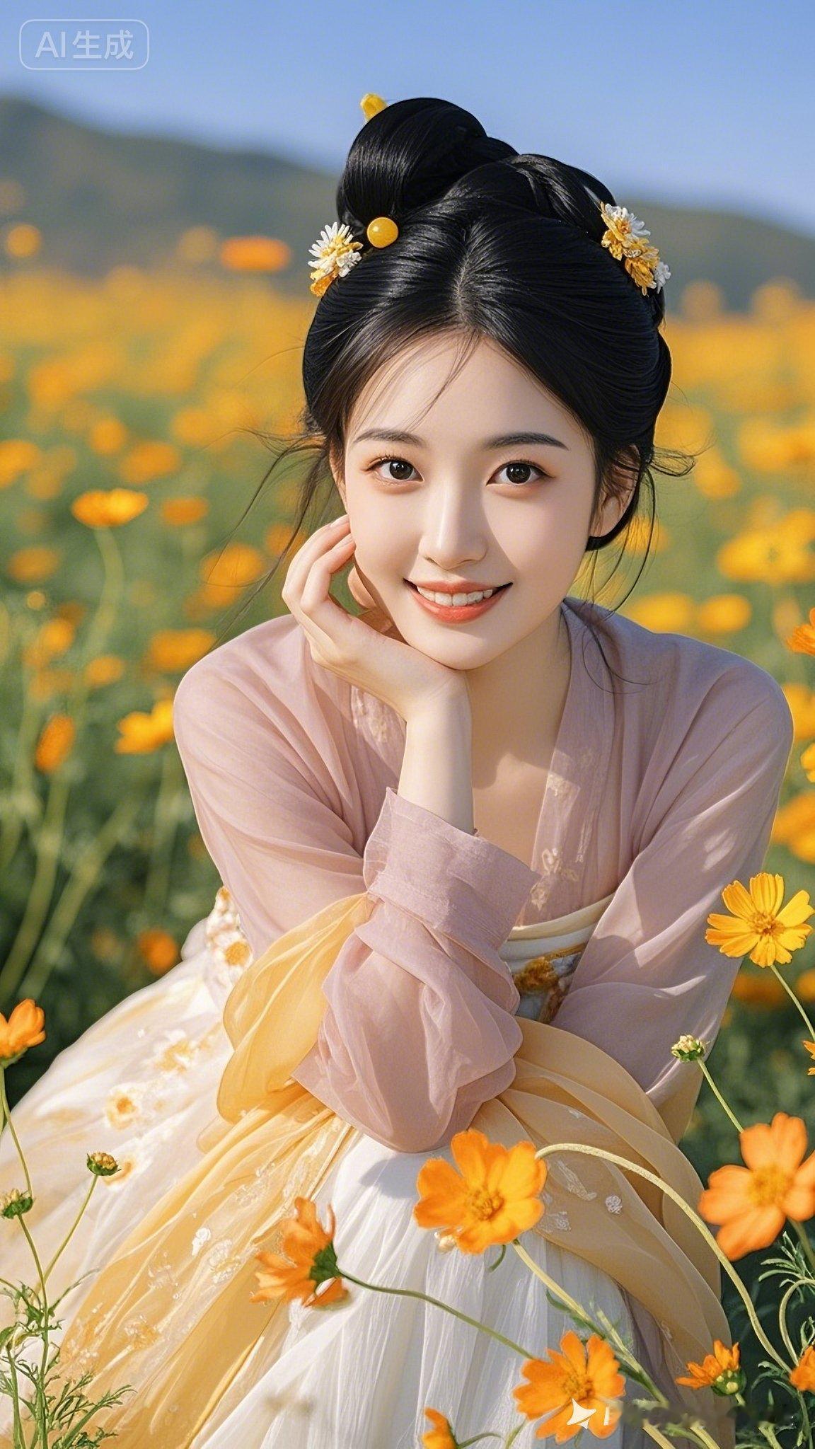 面容绝美的年轻女子，肌肤白皙细腻莹润有光，眉眼含情浅笑嫣然。身着波斯菊粉绡纱长裙