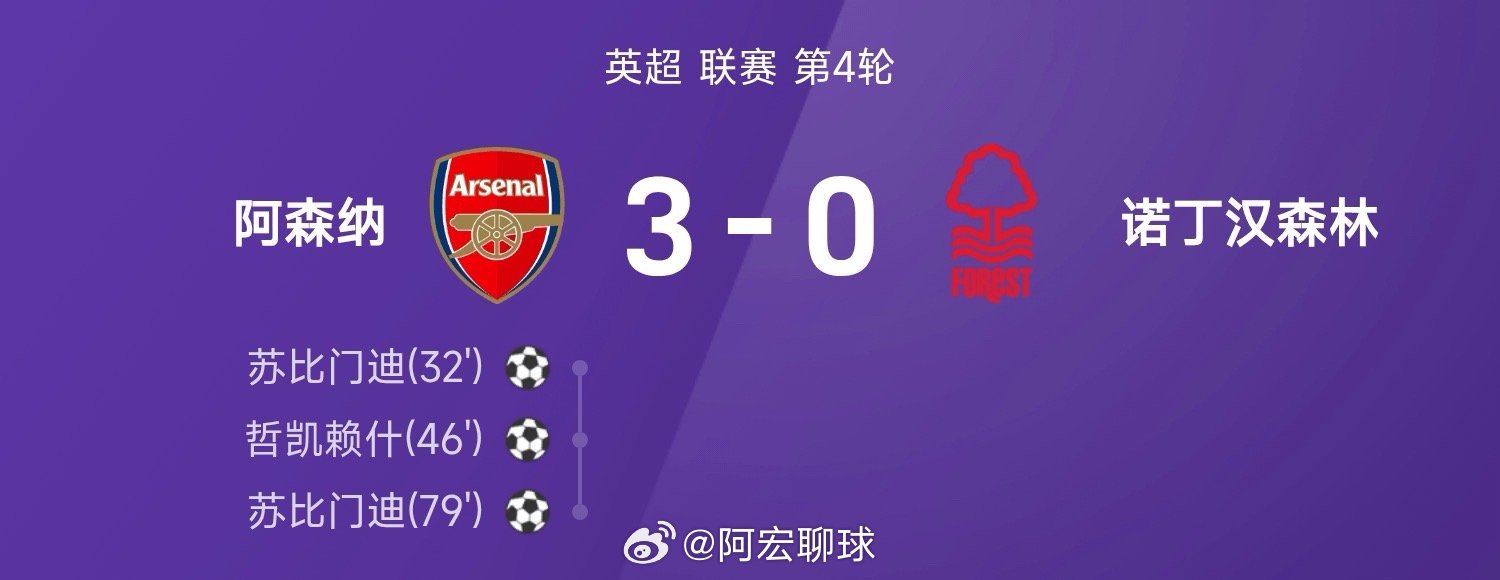 英超战报：苏比门迪双响，哲凯赖什破门，阿森纳3-0森林英超 ​​​