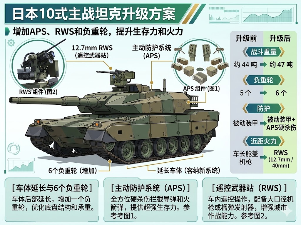日本10式主战坦克将升级主动防护系统(APS)，增加遥控武器站(RWS)、车体延