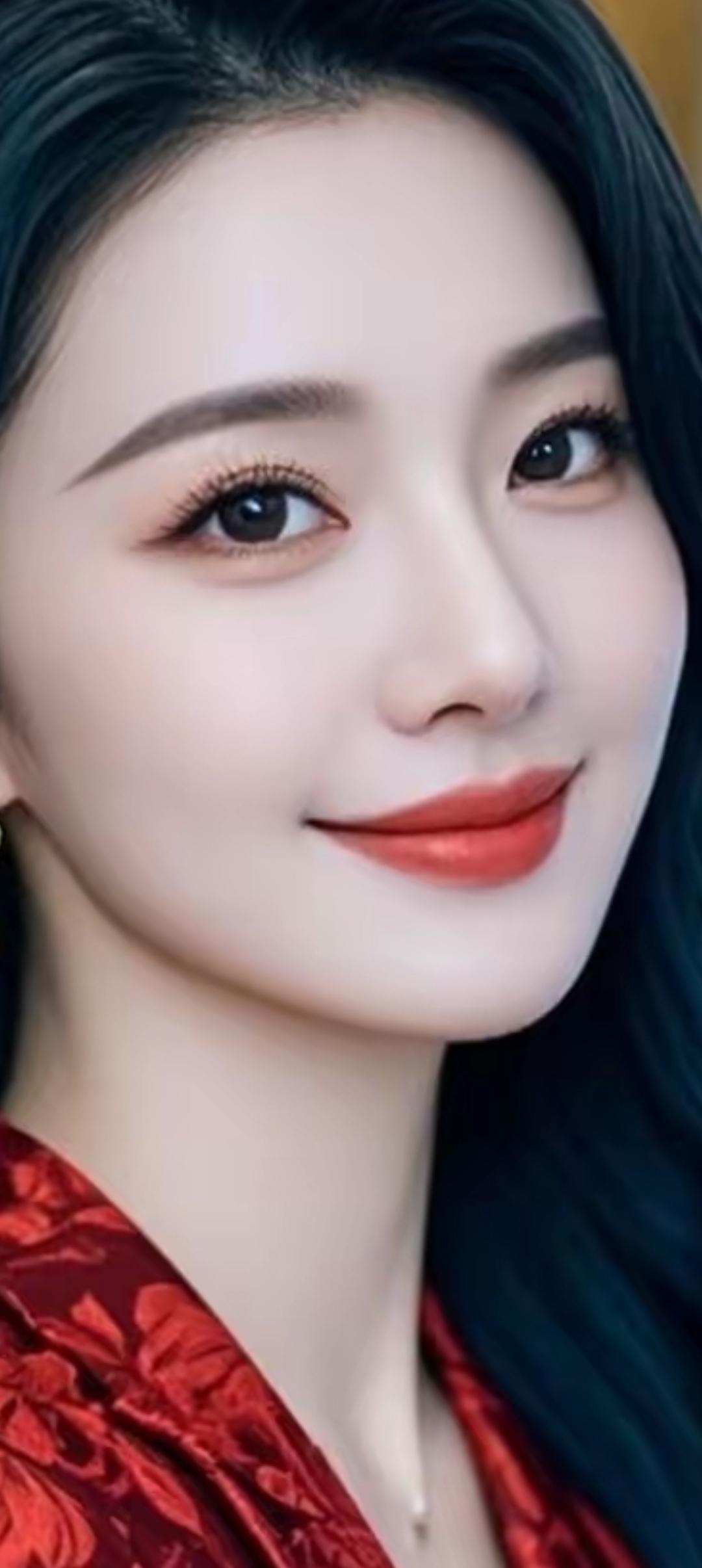 温柔甜美的微笑，红衣飘逸，宛如画中仙子。