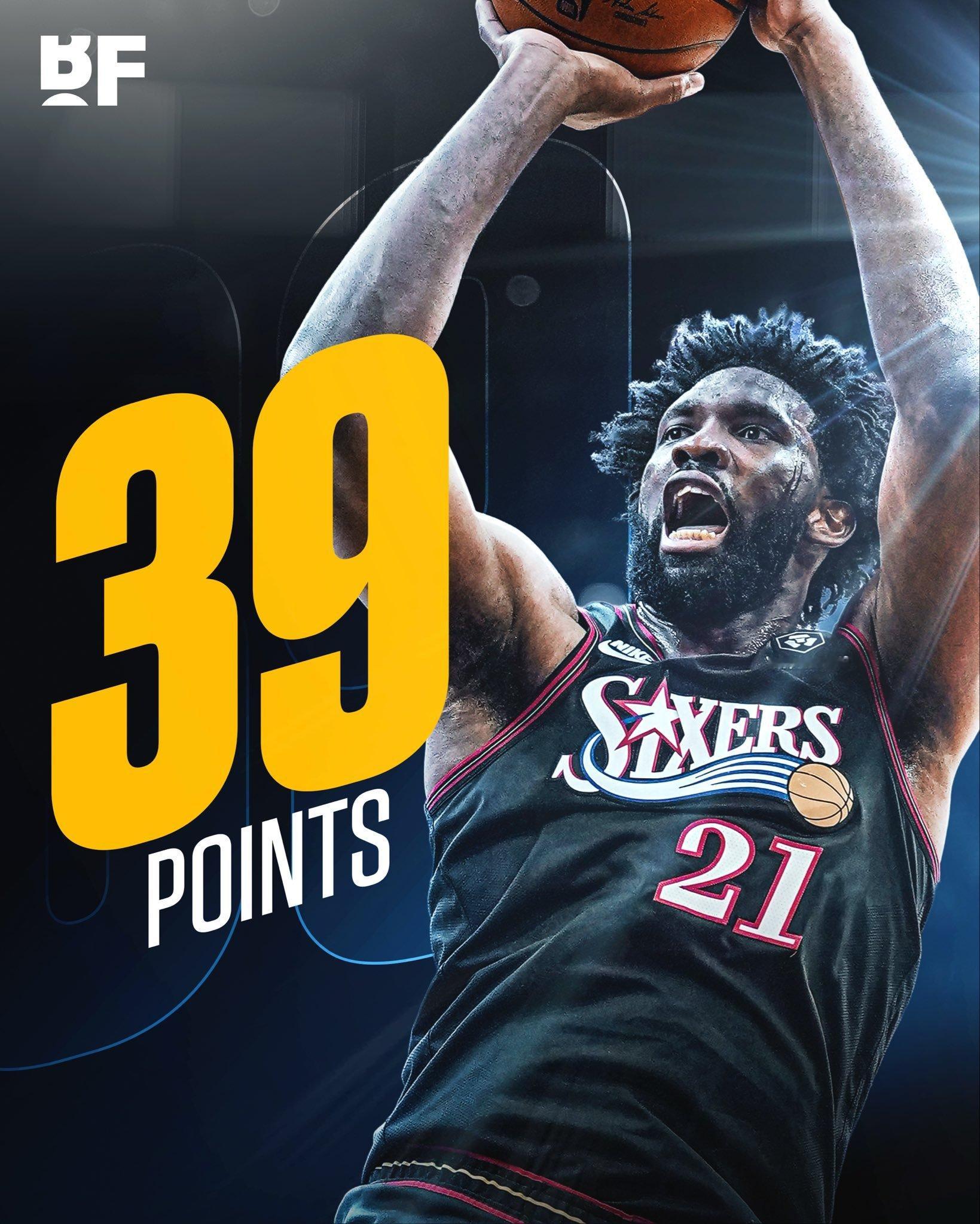 恩比德今日数据：39分9篮板3助攻，23中12，罚球18中13。NBA