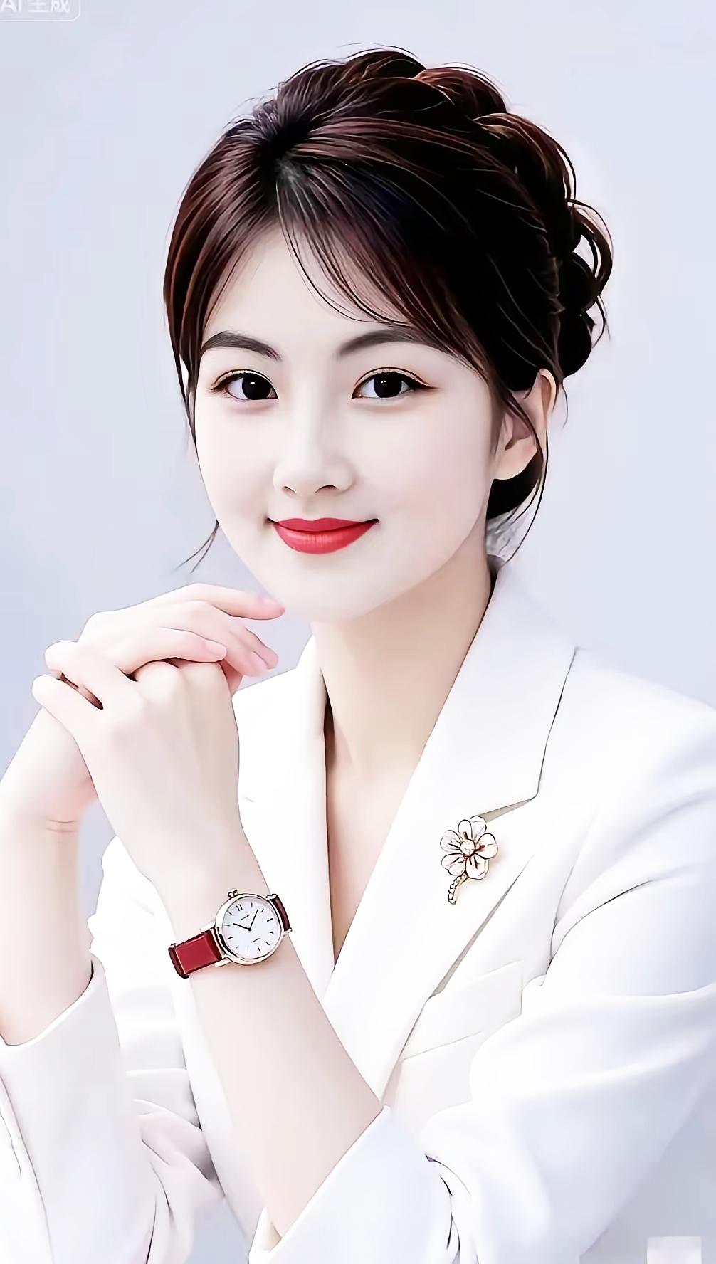 优雅白领风，精致妆容，时尚手表，自信微笑
