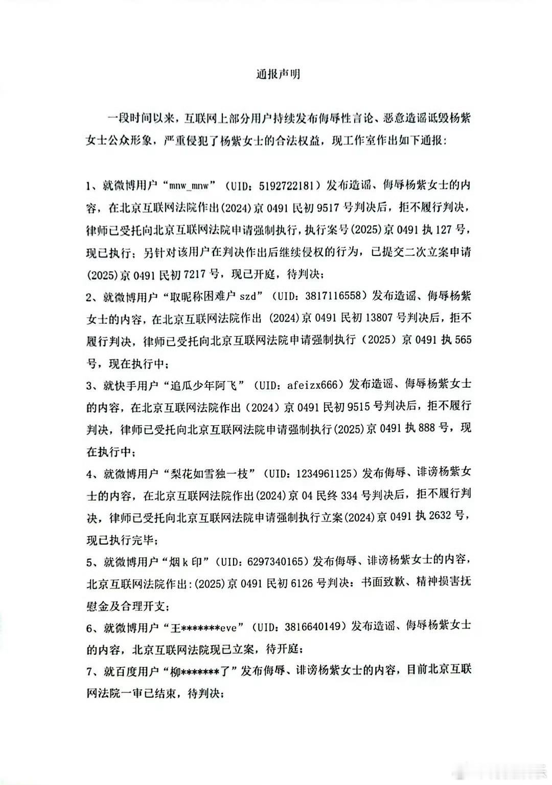 杨紫方公开维权案件进展杨紫工作室发通报声明 发文：针对一直以来各平台相关网络用户