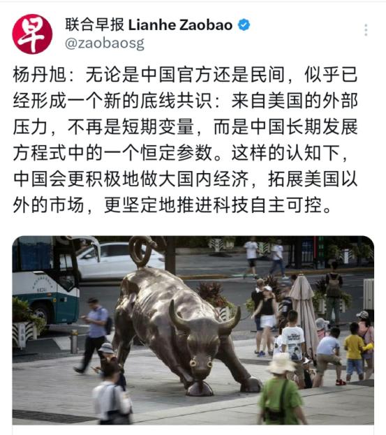 新加坡联合早报10月29日晚发表杨丹旭的评论：“无论是中国官方还是民间，似乎已经