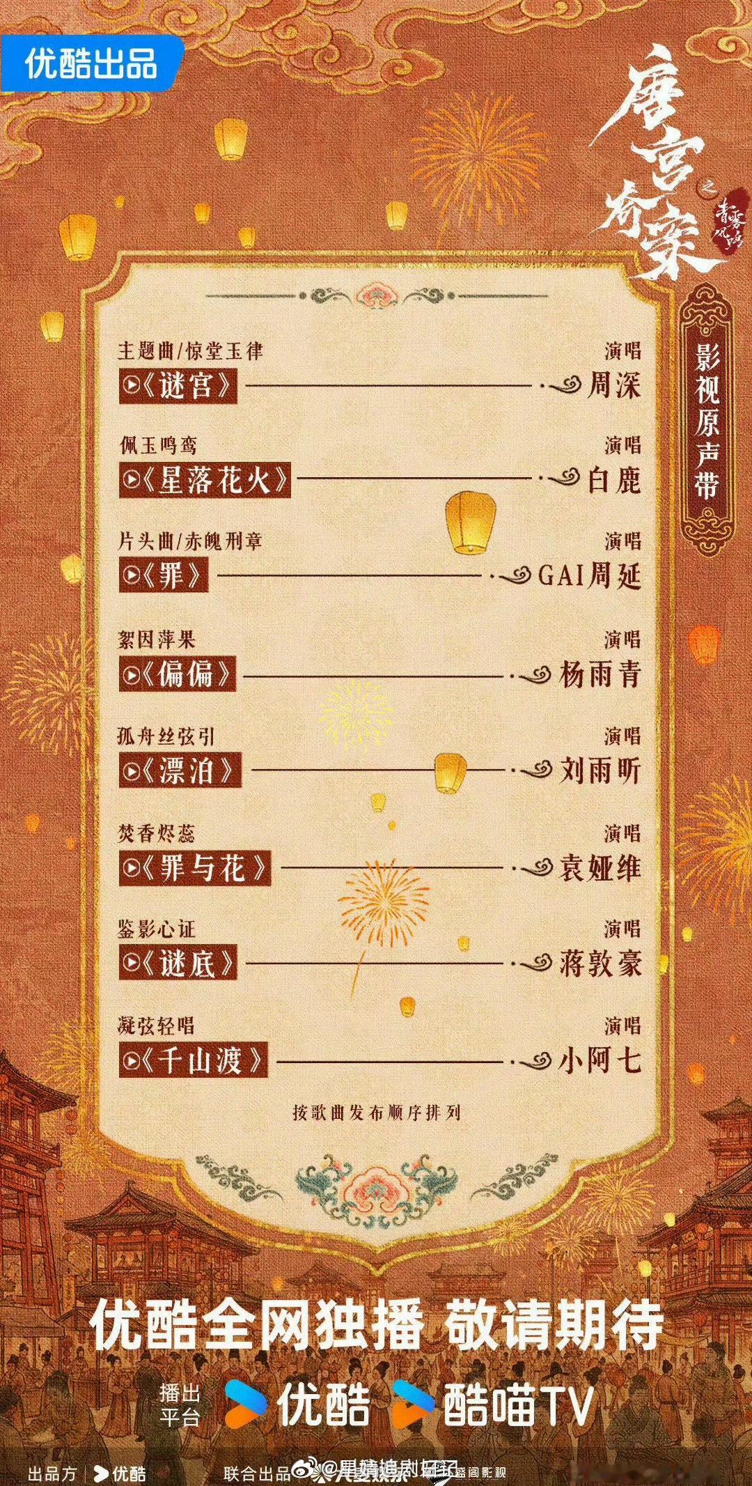 唐宫奇案OST试听《唐宫奇案》的OST🈶️，周深 白鹿 周延 杨雨青 刘雨昕 