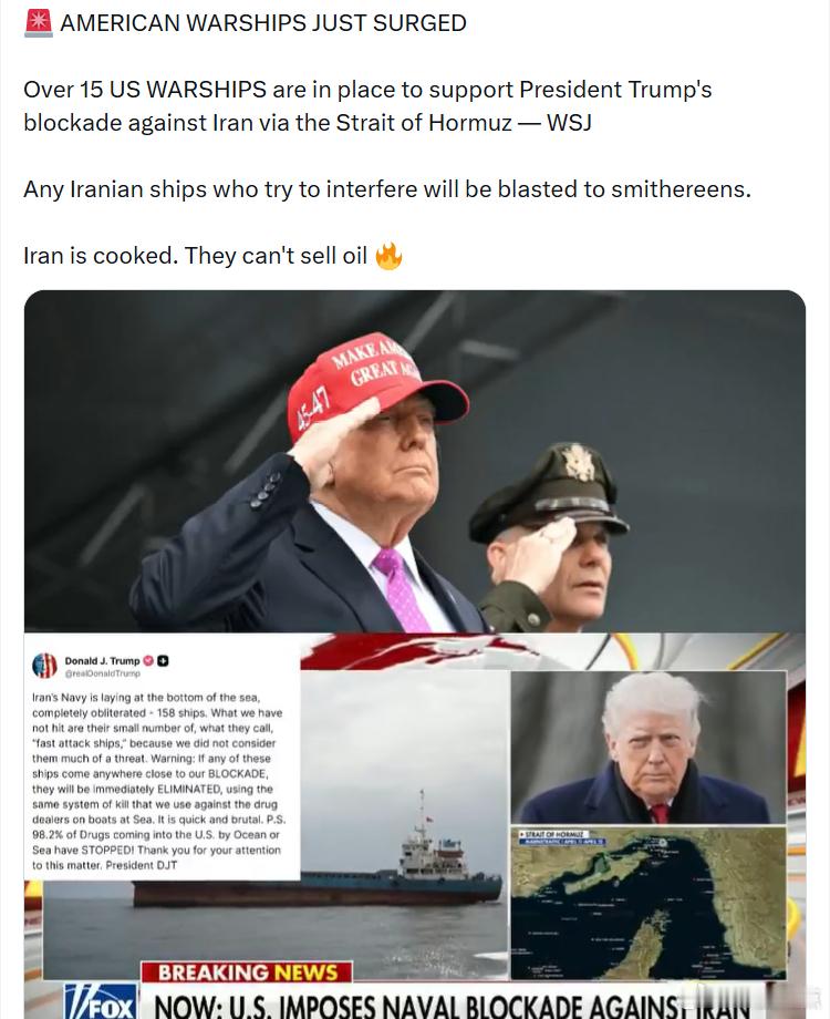 WSJ：超过15艘美国军舰已部署到位，配合总统唐纳德·特朗普在霍尔木兹海峡对伊朗