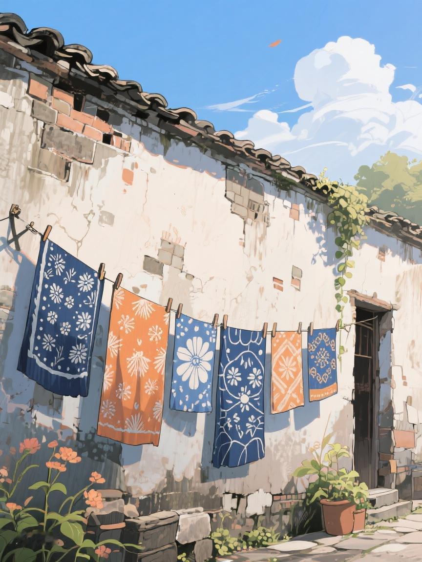 AI妙生图斑驳老墙，花影摇曳，布幡轻舞。旧时光里藏着岁月的诗，每一处皆是生活的歌