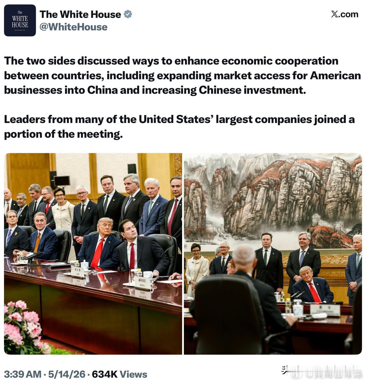 白宫：
双方讨论了加强两国经济合作的方法，包括扩大美国企业进入CN市场的准入以及