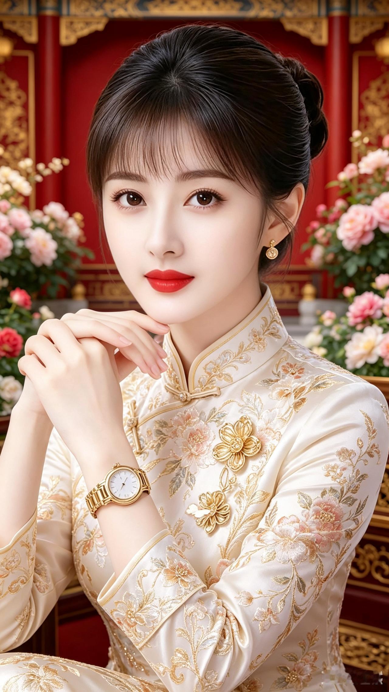 这位佳人真惊艳
旗袍加身姿态妍
双眸流转似电闪
朱唇轻启甜意绵
红墙映衬人更妍