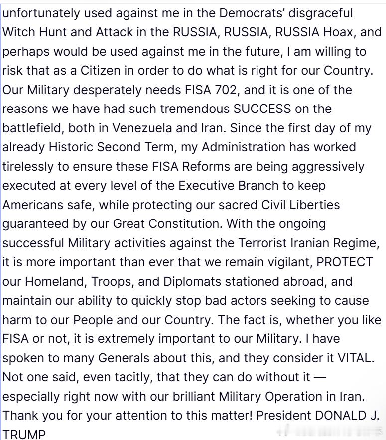 【黄金时代】川普力争本周在众议院顺利通过《外国情报监视法》第702条的无条件延期