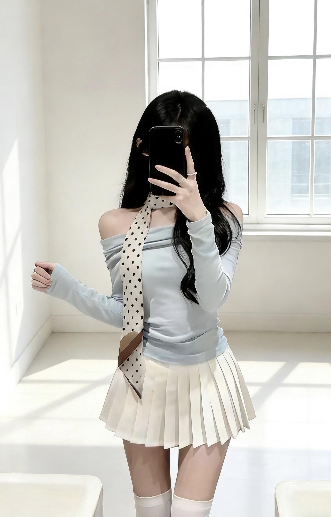 一字肩上衣 半身裙 百褶裙 两件套女装 上衣