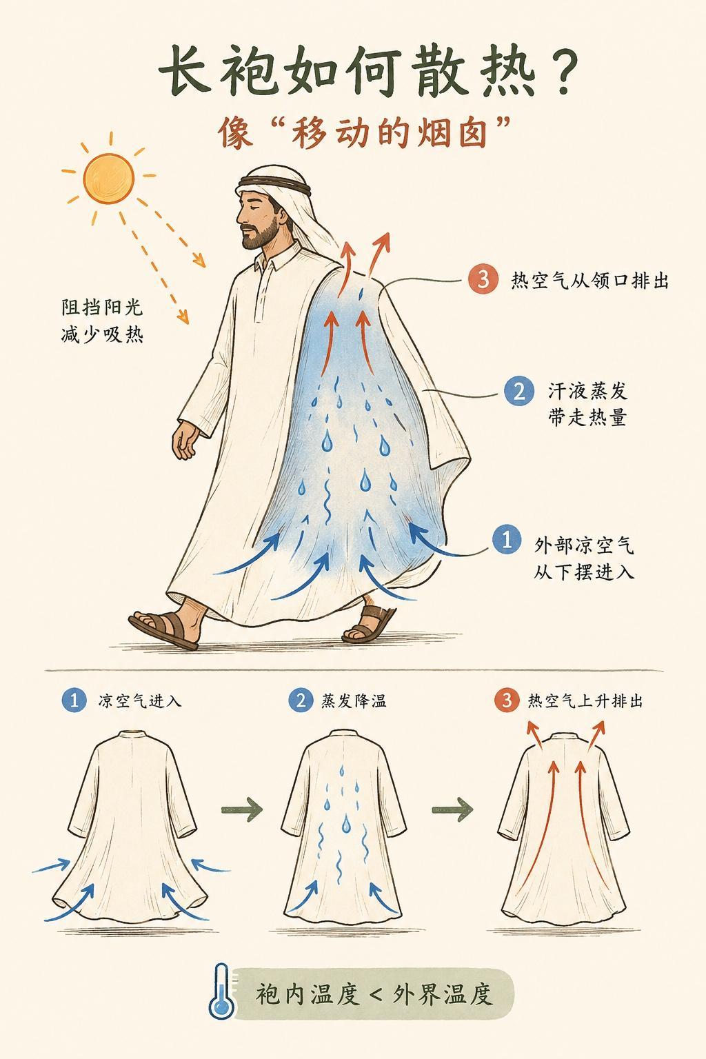 不少人都有个疑问，阿拉伯人穿长袍热吗？

阿拉伯长袍看似包裹严实，在西亚北非干热