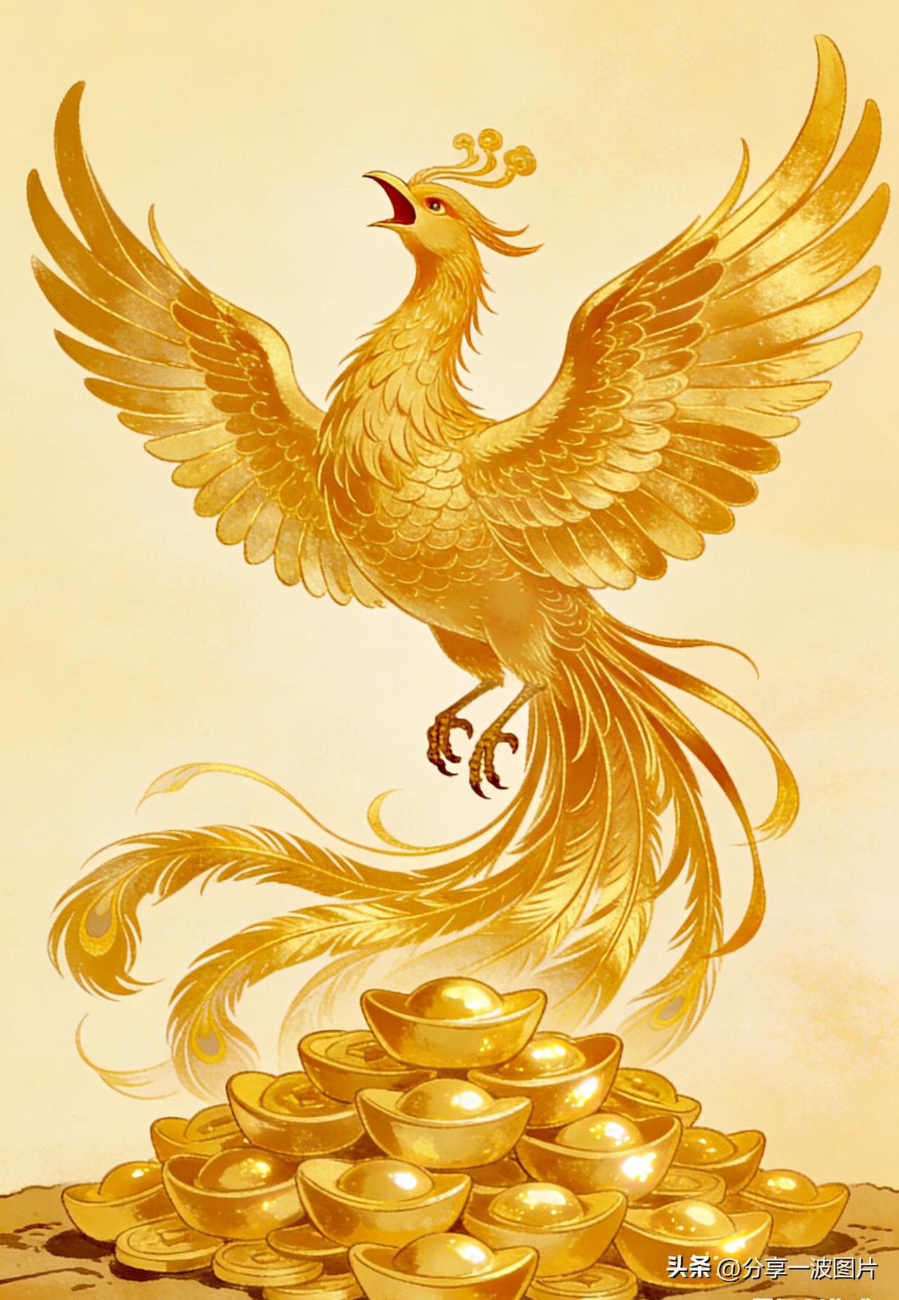 凤凰冲天起，好运随身行
元宝聚满堂，富贵万年长
愿你事业腾飞，钱财满盈，所求皆如