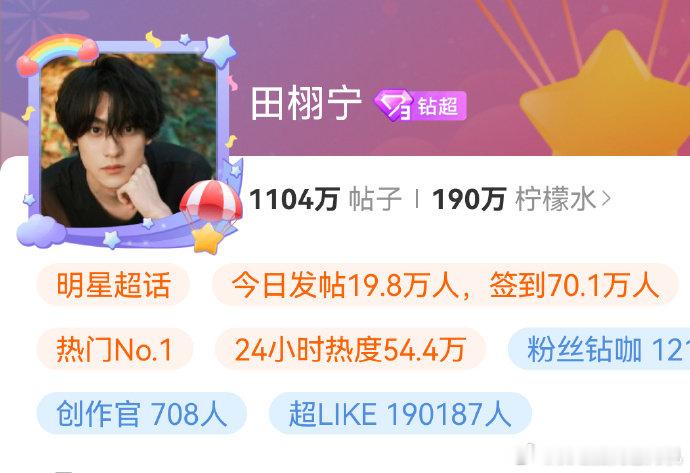 田栩宁超话超like破了19w 田栩宁超like已破19w 田栩宁超话超like