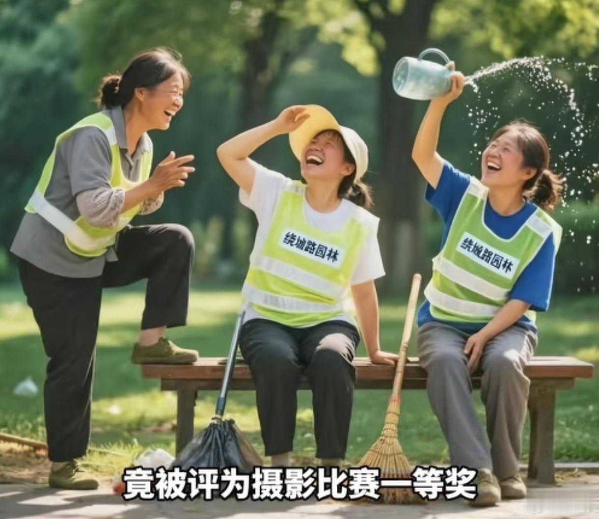 呼和浩特一个摄影比赛的一等奖作品被质疑是AI生成的。
三位环卫工在公园长椅上休息