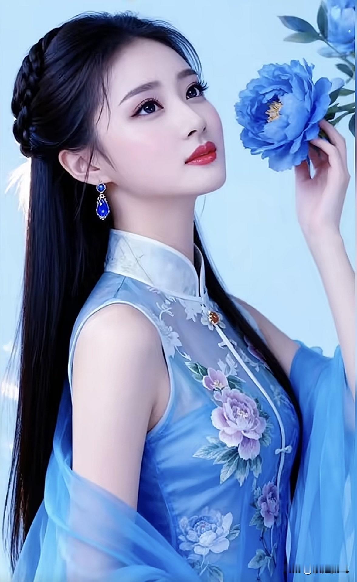 “蓝衣美人，花间一瞥”🌸💙淡雅蓝裙照 绿裙美人 绿裙花间 绿裙美人 绿裙花间