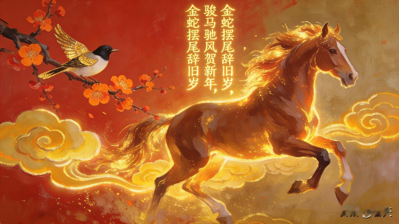 骏马迎春启新程
 
金蛇摆尾辞旧岁，骏马驰风贺新年。喜鹊登梅传吉语，祥云绕户纳千