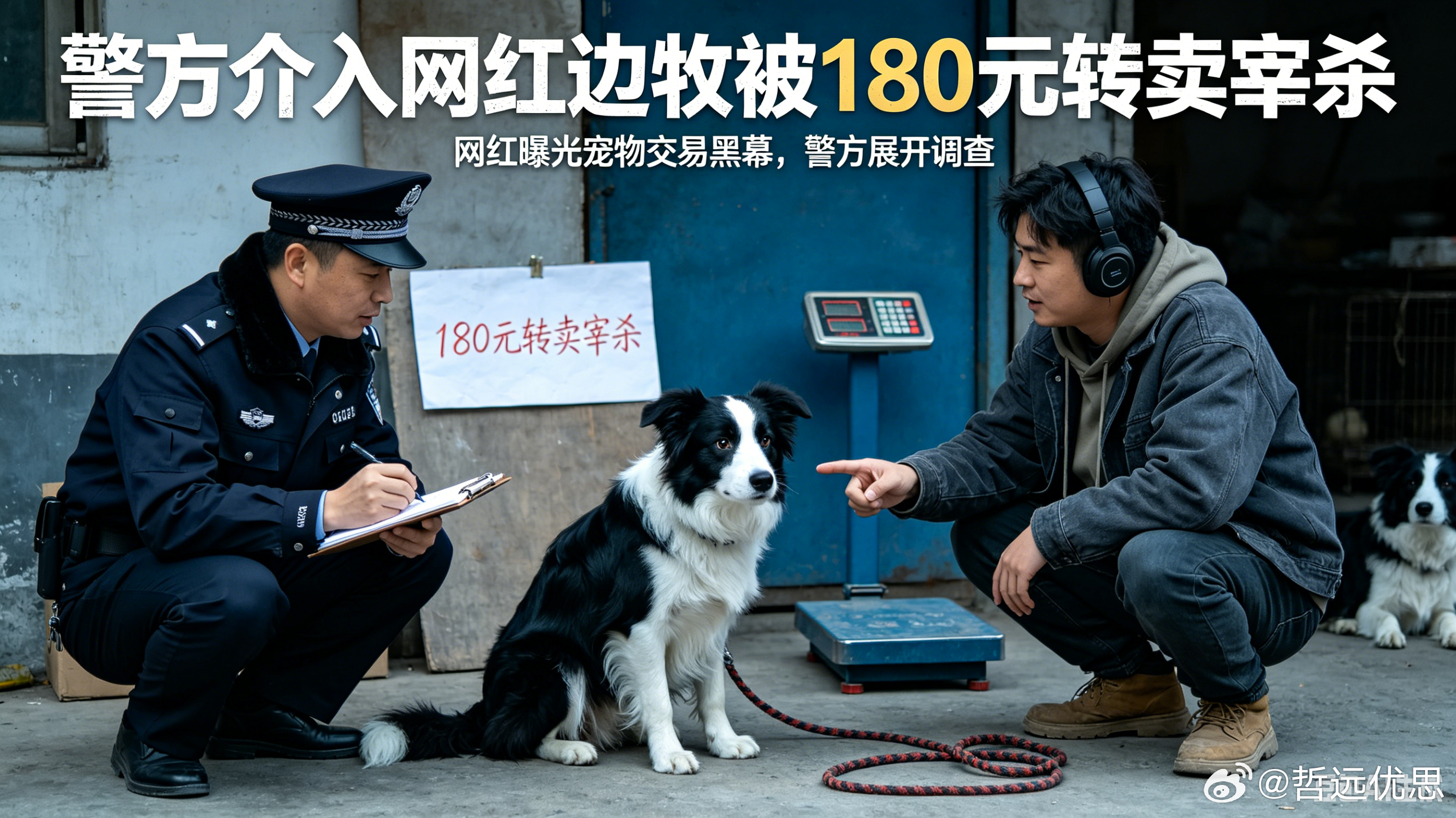 警方介入网红边牧被180元转卖宰杀近日，河南商丘百万粉丝网红边牧“锄头”被盗杀事