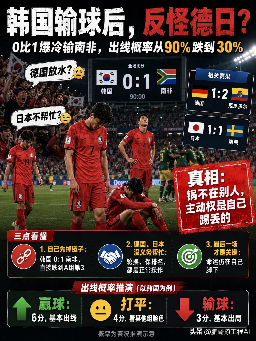 韩国队一场爆冷输球，出线概率从高位断崖跌到三成左右，结果球迷不去反思自己踢得有多