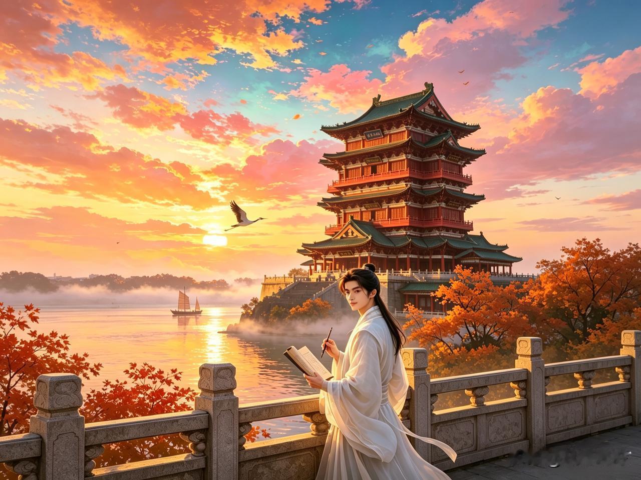 王勃的《滕王阁序》中“晚霞与孤鹜齐飞，秋水共长天一色”场景描述