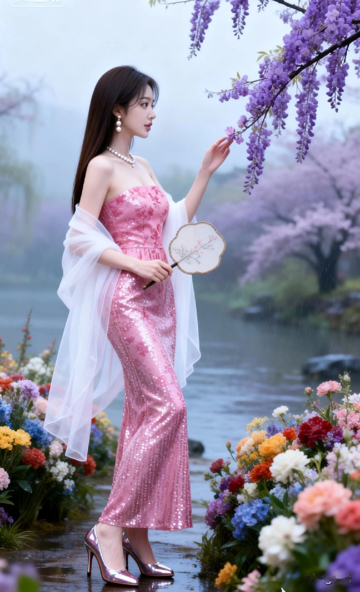 雨中漫步，粉裙飘逸，花海相伴，唯美如画粉裙花畔照 梦幻花裙照