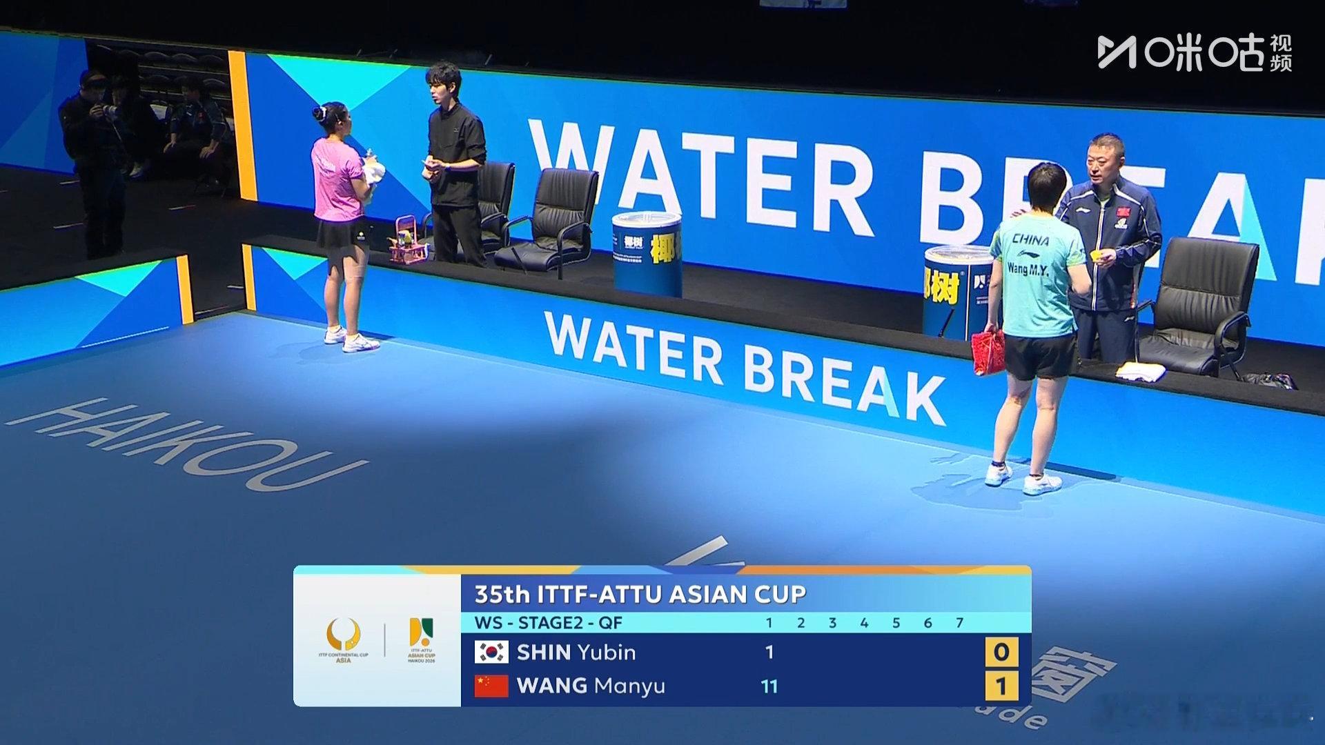 王曼昱11比1申裕斌海口亚洲杯女单1/4决赛，王曼昱首局11-1申裕斌。王曼昱v