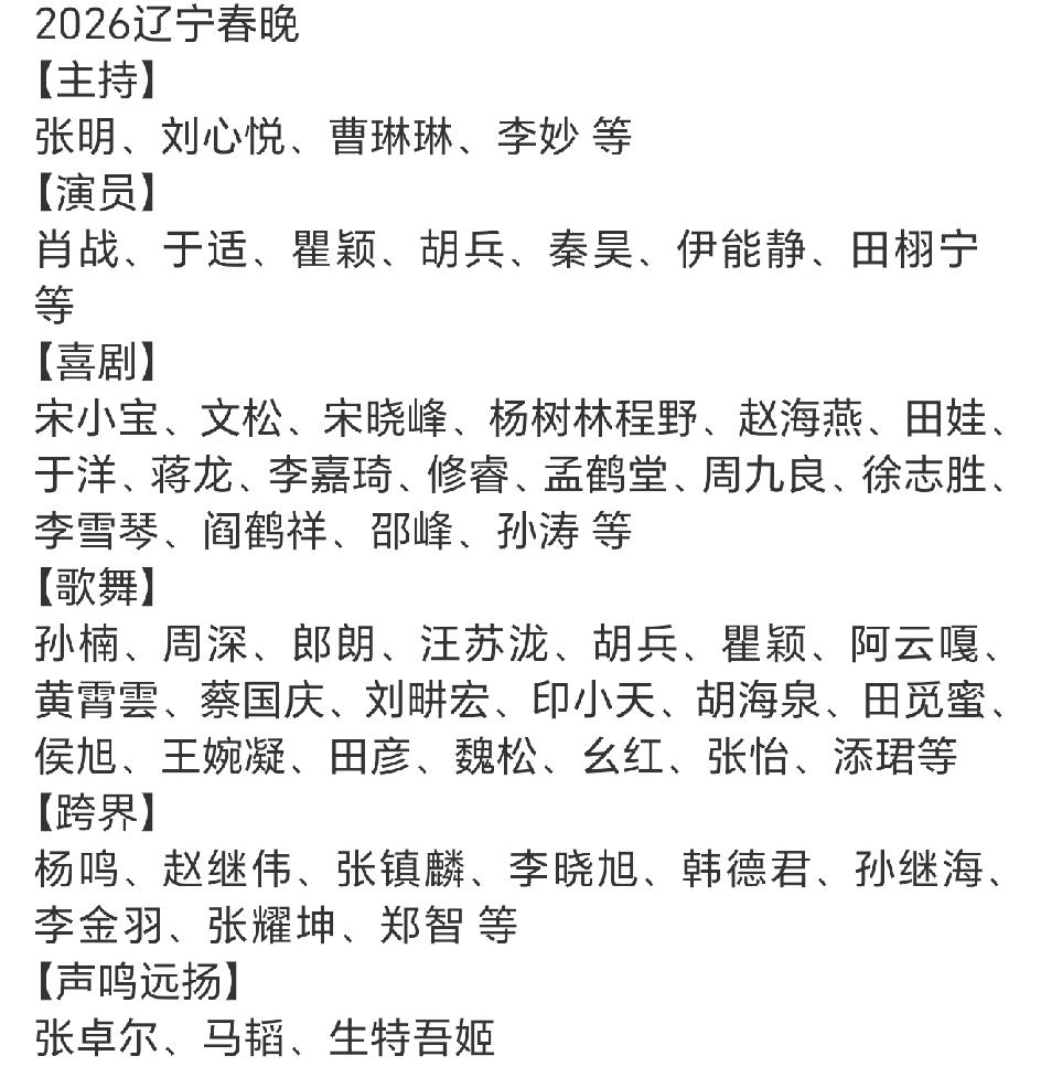 辽宁2026春晚阵容，挺强大啊！
这个阵容最意外的肖战，会来辽宁吗
其次是于适，