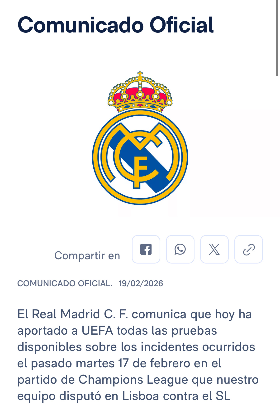 【官方公告】本俱乐部已于今日向欧足联提交了2月17日（周二）本队在里斯本对阵本菲