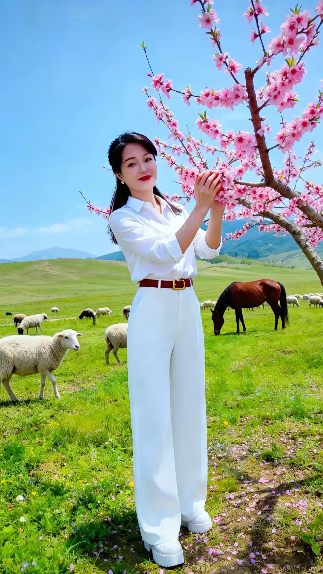 捣练子·春郊
芳草绿，满园春，
羊群散漫遍芳茵。
桃花一树香风细，
又见嫣然俏美