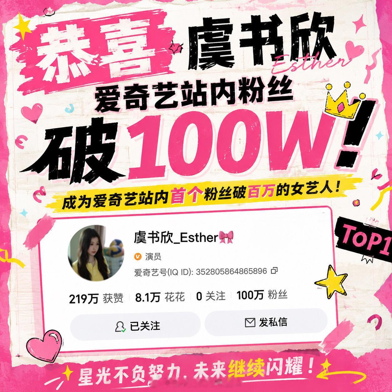 恭喜虞书欣成为爱奇艺站内首个粉丝破100w的女艺人🎉🎉🎉 