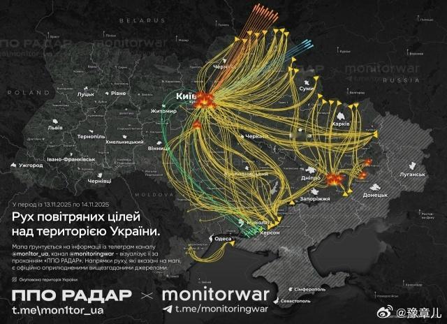 地图显示了昨天晚上俄罗斯毁灭性武器的飞行轨迹。主要目标是基辅。使用了天竺葵自杀式