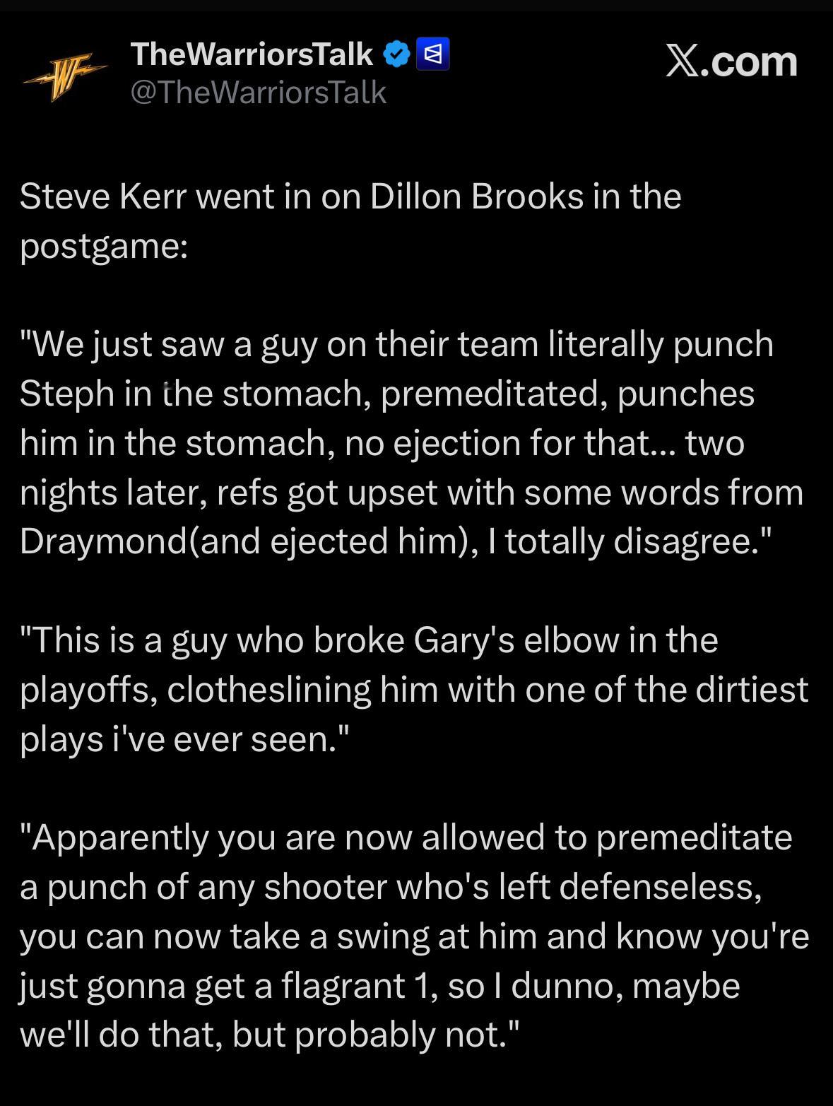 科尔赛后抨击狄龙和双标的判罚尺度“我们才看到他们队里有人蓄意打了斯蒂芬的肚子，结