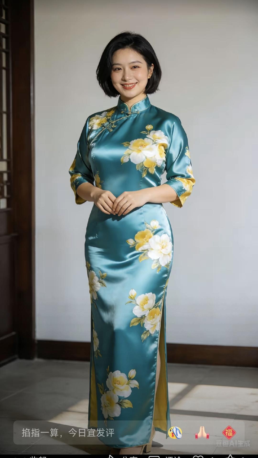 山坡羊·湖绿茉莉旗袍
湖绿衣底，
黄白芳蕊，
旗袍恰似春园绮。
韵清奇，意如诗，