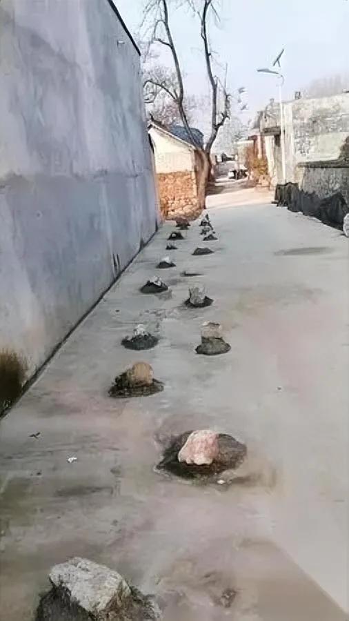 村道突然冒石头，差点绊倒人！

早上买包子路过小贾寨村的水泥路，脚底下突然“硌”