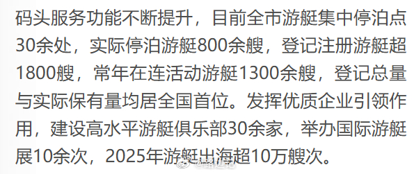 大连：目前全市游艇集中停泊点30余处，实际停泊游艇800余艘，登记注册游艇超18