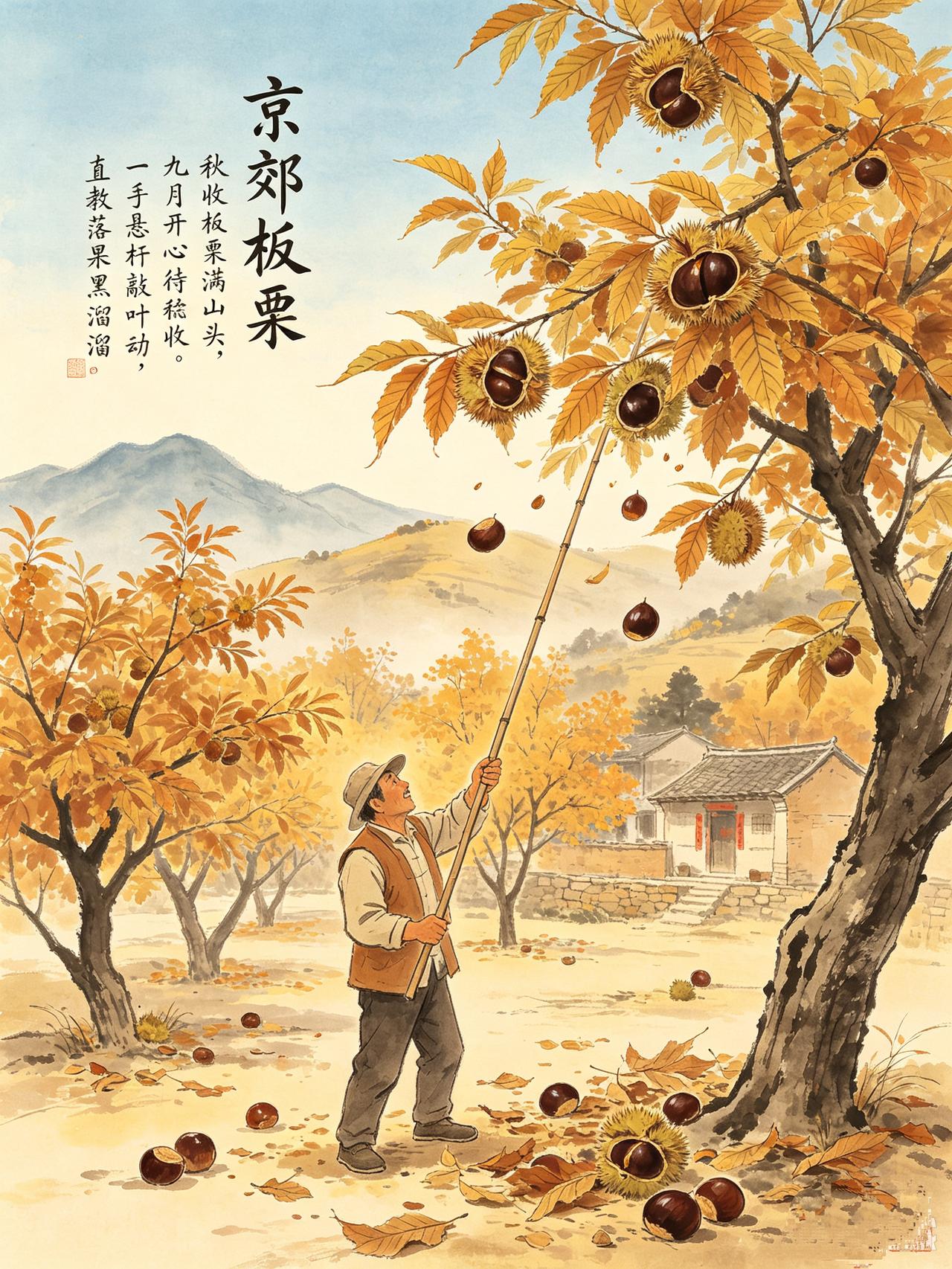 京郊板栗
文/冯继兴

秋收板栗满山头，九月开心待稔收。
一手悬杆敲叶动，直教落