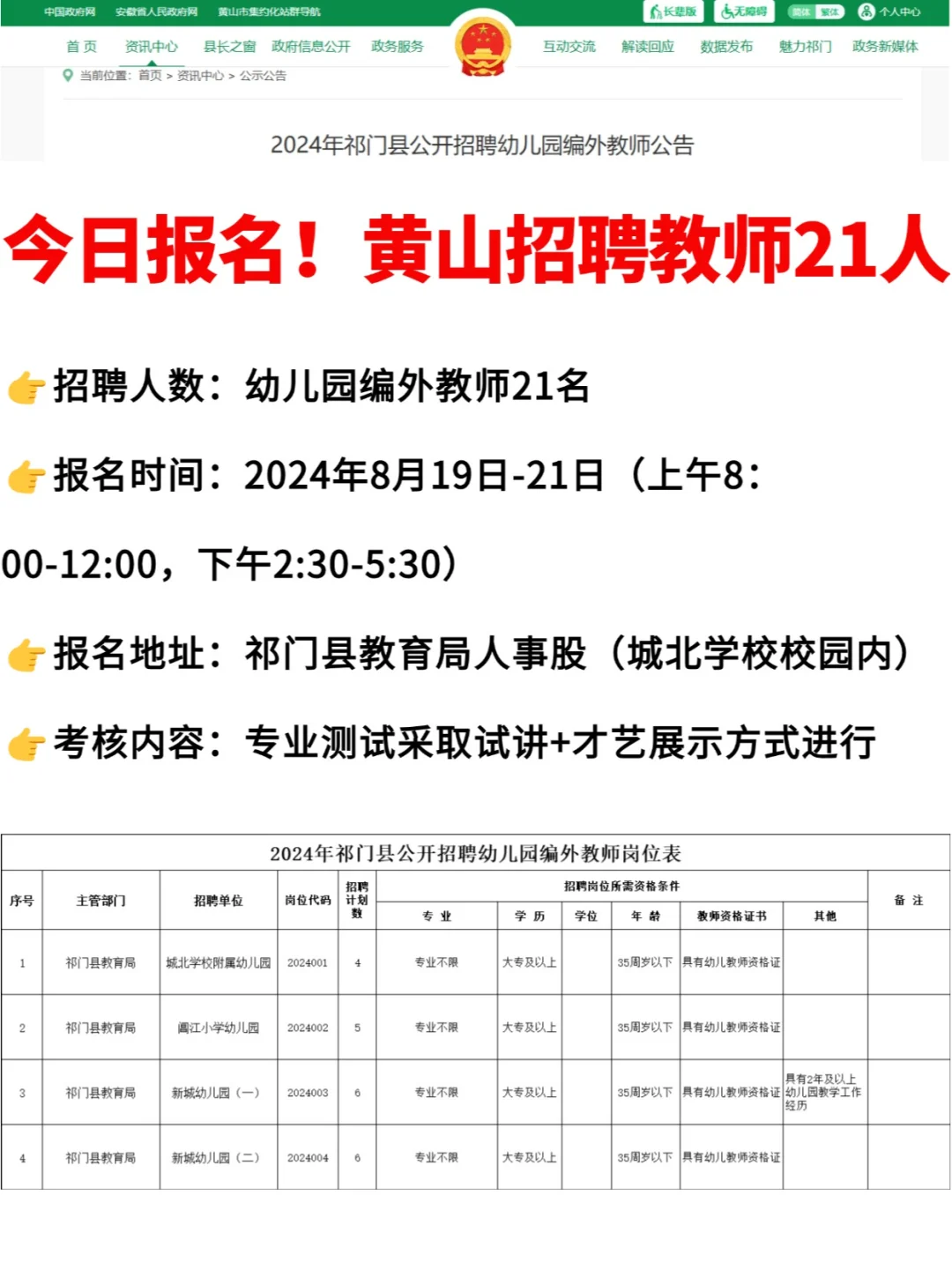 专科可报！黄山招聘教师21人