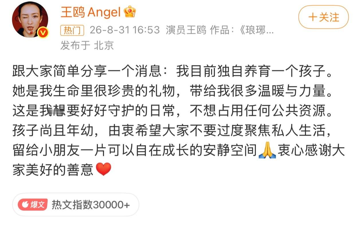 王鸥 我目前独自养育一个孩子我还是挺喜欢有王鸥有撒贝宁的明星大侦探的，不论是故事