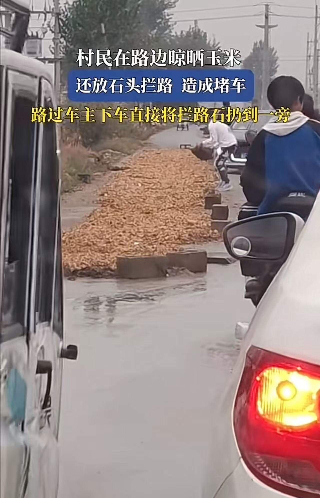 村民在路边占了一半的路晒玉米，还放石头拦路造成堵车，一车主气得下车妻纸巾将拦路石