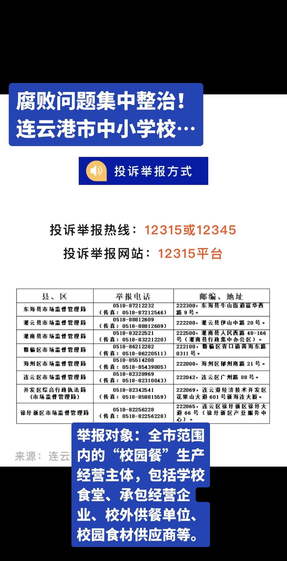 腐败集中整治！连云港市中小学校…举报对象： 全市范围内的“校园餐”生产...