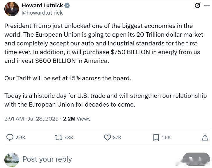 美国商务部长霍华德·卢特尼克：特朗普总统刚刚开启了世界上最大的经济体之一。欧盟将