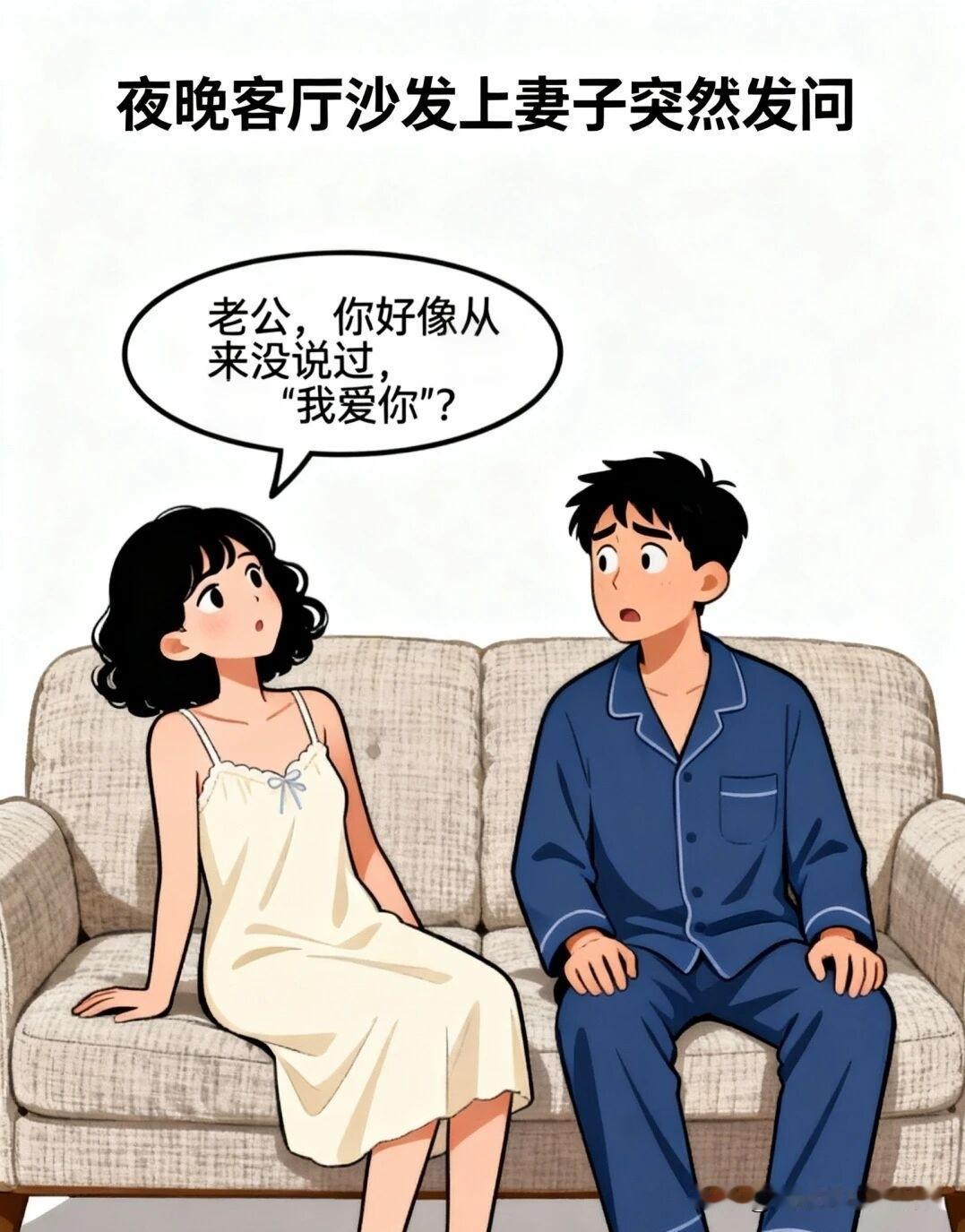 趣味漫画：老婆问：老公，你好像从没说过我爱你？老公答：不能讲这个话！老婆追问：为